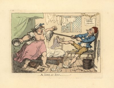 Koca, kızgın karısını paspasla tutuyor. by Thomas Rowlandson