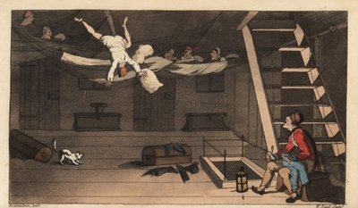 Johnny kulübesindeki hamaktan düşer. W. tarafından elle boyanmış bakır levha gravürü, Alfred Burton