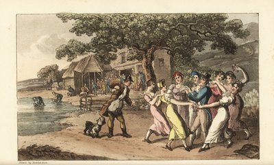 Johnny bir koyun kırkma festivalinde flüt çalıyor, etrafı dans eden taşra kızlarıyla çevrili. Çobanlar bir ahırda koyunları kırpar ve onları bir havuzda yıkar. William Combe'un The History of Johnny Quae Gen'inden Thomas Rowlandson tarafından elle  by Thomas Rowlandson