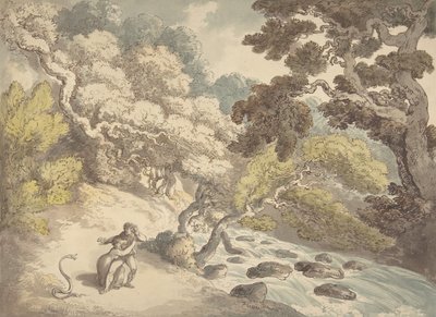 Akan dere ile manzara ve kıyıda bir çift, bir yılandan korkmuş, 1775-1827. by Thomas Rowlandson