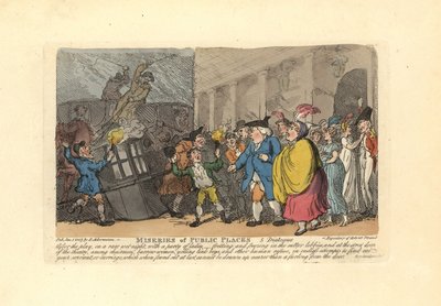 Yağmurda kalabalığın içinde araba arayan erkek ve bayanlar. by Thomas Rowlandson