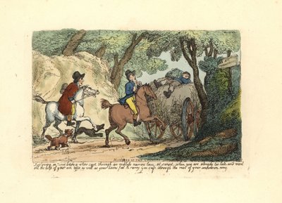 Dar bir şeritte yavaş hareket eden bir arabanın arkasında at sırtında adam. by Thomas Rowlandson