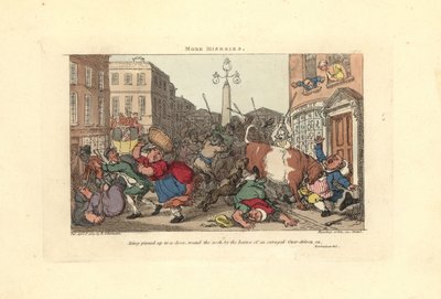 Öfkeli bir öküzün boynuzları tarafından bir kapıya sabitlenmiş adam. by Thomas Rowlandson