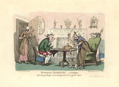 Sandalyesinde ürkmüş bir kedinin üzerine oturan adam. by Thomas Rowlandson