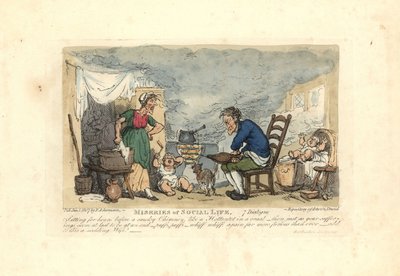 Dumanlı bir odada ateşin önünde körük kullanan adam. by Thomas Rowlandson