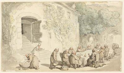Keşişler Dışarıda Yemek Yiyor (recto); Köy Sokağı (verso) by Thomas Rowlandson