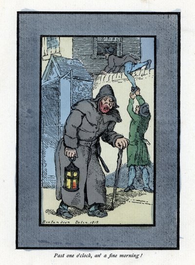 Elinde feneri ve sopasıyla gece bekçisi, arkasından bir eve giren iki hırsıza aldırmadan (1819). The Cris of London