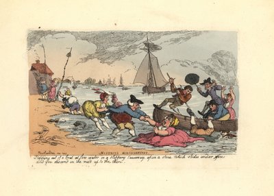 Kayarak nehir çamuruna düşen yolcular. by Thomas Rowlandson