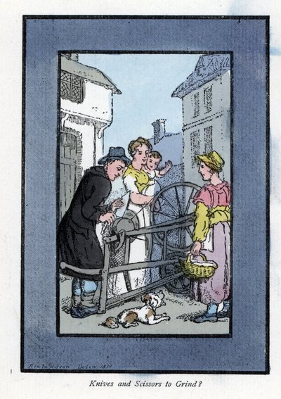 Bileyici, müşterileri ile birlikte, taşlama çarkında bir bıçağı bileme (1819). The Cris of London