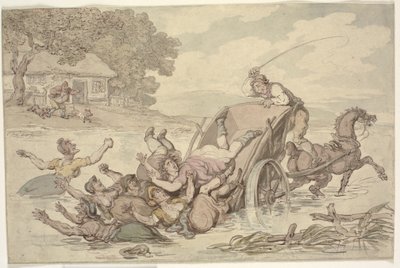 "Carter ve Çingeneler": Bir araba bir derede devrildi ve bir grup kadını suya devirdi by Thomas Rowlandson