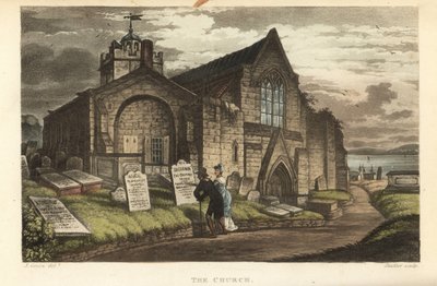 Kilise: Gotik bir kilise bahçesindeki mezar taşlarını okuyan yaşlı turistler. Thomas Rowlandson tarafından elle boyanmış bakır levha gravür, J.C. Stadler tarafından aquatint, J. Green