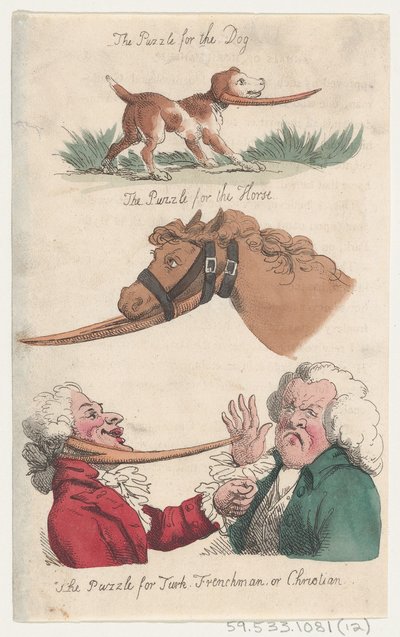 Köpek Bulmacası, At Bulmacası, Türk, Frenchman veya Chris için Bulmaca..., 1808. by Thomas Rowlandson