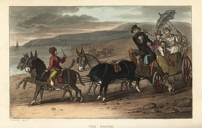 Kumlar: Sahilde eşekler tarafından çizilen bir baroştaki turistler. Scarborough, Ackermann, Londra