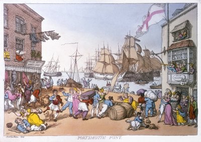 Portsmouth bölgesi, bu İngiliz limanının faaliyetlerini anlatan karikatür by Thomas Rowlandson