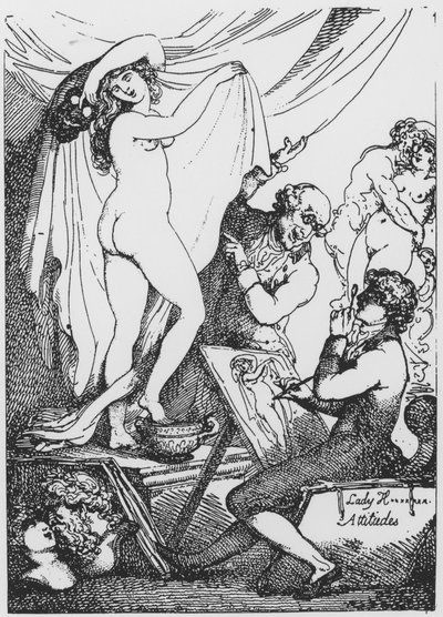 Gelecekteki Lady Hamilton, Dr James Graham'ın Aesculapius Tapınağı'nda sağlık tanrıçası Hygeia olarak poz veriyor. by Thomas Rowlandson