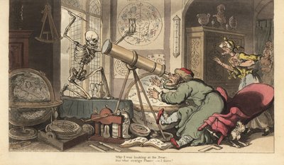 Ölümün iskeleti, yaşlı astronomun teleskopunun önünde belirir ve onun sandalyesinden düşmesine neden olur. İngiliz Ölüm Dansı, Ackermann, Londra