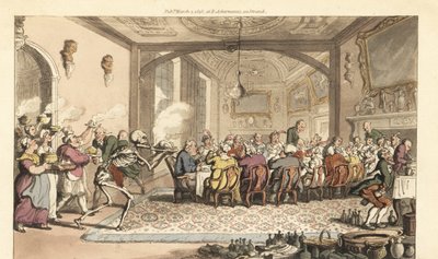 Ölüm iskeleti, büyük bir salonda obur bir ziyafete ölümcül bir Dainty Dish getiriyor. İngiliz Ölüm Dansı, Ackermann, Londra