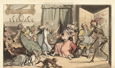 Ölümün iskeleti, bir salondaki eski Bakire Hanımlardan biri olan Bayan Mustard için gelir. İngiliz Ölüm Dansı, Ackermann, Londra