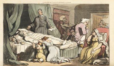 Rahip, karısı ve çocuğu tarafından yas tutulan İyi Bir Adamın cesedi için dua ederken, Ölümün iskeleti Doktor için gelir. İngiliz Ölüm Dansı, Ackermann, Londra