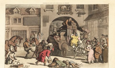 Ölümün iskeleti, büyük bir matronun ölümcül Son Aşamaya girmesine yardım eder. İngiliz Ölüm Dansı, Ackermann, Londra