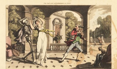 Pelerinli Ölüm iskeleti, dans hocası dehşete düşmüş gibi görünürken kırılgan Caelia ile son bir vals yapıyor. İngiliz Ölüm Dansı, Ackermann, Londra'dan Thomas Rowlandson tarafından çizilmiş ve oyulmuş elle boyanmış bakır levha by Thomas Rowlandson