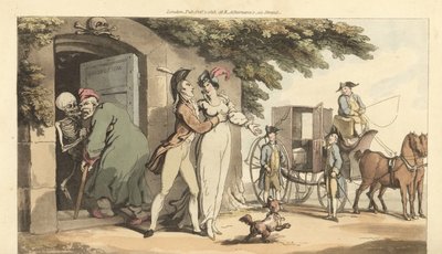 Ölümün iskeleti, yaşlı bir adamı bir türbeye götürür ve genç dul karısını yeniden evlenmek için özgür bırakır. İngiliz Ölüm Dansı, Ackermann, Londra