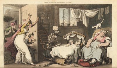 Dadı uyurken ve perişan anne eve gelirken Ölümün iskeleti bir bebeğin beşiğini sallar. İngiliz Ölüm Dansı, Ackermann, Londra