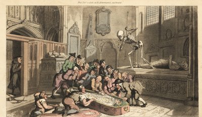 Ölümün iskeleti, antikacıların bir kralın cesedini kilisedeki bir mahzenden çıkarmasını izliyor. İngiliz Ölüm Dansı, Ackermann, Londra