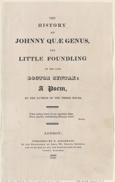Başlık sayfası, The History of Johnny Quae Genus, The Little Foundling of the Late Docto..., 1822. by Thomas Rowlandson