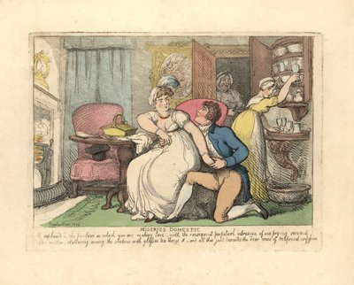 Bir salonda meraklı hizmetçiler tarafından rahatsız edilen iki sevgili. by Thomas Rowlandson