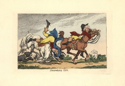 Gösterişten sonra atlarından düşen iki adam. Gösteriş yapmak. by Thomas Rowlandson