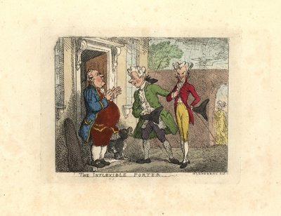 Misafir beyler, bir hizmetçi tarafından bir eve girmeyi reddetti. by Thomas Rowlandson