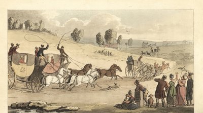 Genç İngiliz beyler yolda dört atlı arabalarla yarışıyorlar. by Thomas Rowlandson