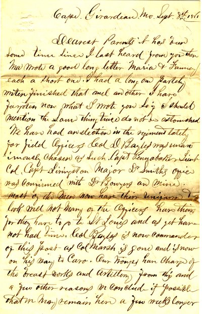 İmzalı mektup T.S. Hawley, Cape Girardeau, Missouri, ebeveynlere, 8 Eylül 1861 by Thomas S. Hawley