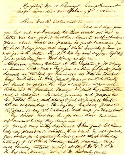 İmzalı mektup T.S. Hawley, Hastane 11. Missouri Piyade, Camp Fremont, Cape Girardeau, aileye, 9 Şubat 1862 by Thomas S. Hawley