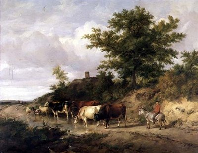 Bir eşeğin üzerinde bir çocuk ve bir ford, sığır ile ormanlık manzara by Thomas Sidney Cooper