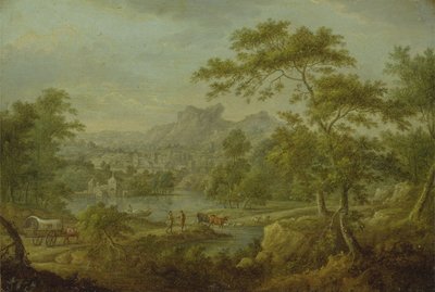 Vagonlu Hayali Bir Manzara ve Bir Kasabanın Uzak Bir Görünümü (bakır üzerine yağ) by Thomas Smith of Derby