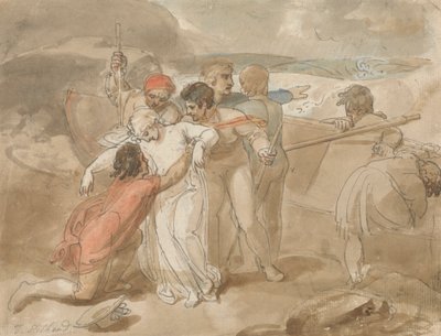 Denizden Kurtarılan ve Kıyıya Yardım Edilen Bir Kadın, Arka Planda Kayık ve Kurtarma Ekipleri by Thomas Stothard