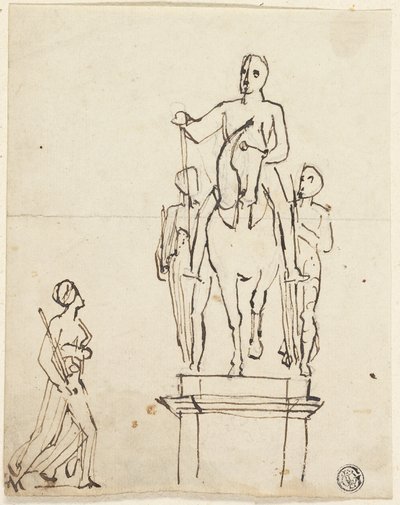 İki Ayakta Figür Eşliğinde Süvari Heykeli, Sonunculardan Birinin Eskiziyle by Thomas Stothard
