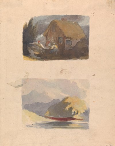 Bir Sayfada İki Çizim: Önünde Figürlü Kulübe (no. 15); Nehir ve Dağ Manzarası - Güneş Işığı (no. 16) by Thomas Sully
