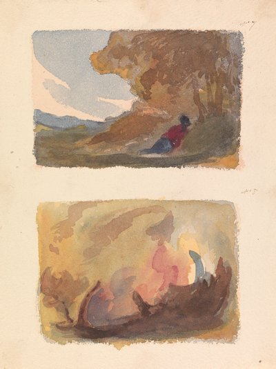 Bir Sayfada İki Çizim: Tepeye Yaslanmış Şekilli Manzara - Titian ve Venedik Okulu (no. 7); Manzara - Suluboya Yıkama Çeşitleri (no. 8) by Thomas Sully
