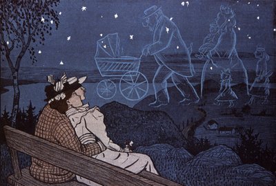 Açıkta bir çift, geleceklerine yıldızlardan bakıyor: çocuklar, aile. İllüstrasyon: Th.Th. Heine: Simplicissimus, Almanya by Thomas Theodor Heine