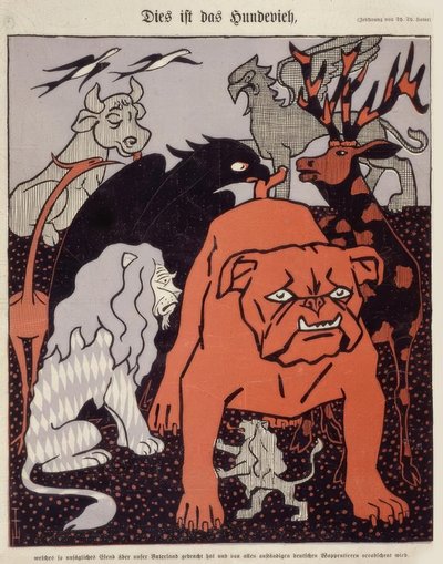 Bunlar, anavatanımıza böylesine tarifsiz bir sefalet getiren ve tüm terbiyeli Alman hanedan hayvanlarının tiksindiği köpek sığırlarıdır. by Thomas Theodor Heine