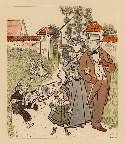Yürüyüşe çıkan bir aile, köpeklerinin kirli bir kestaneyi bacağından ısırmasını izliyor (renkli taş baskı) by Thomas Theodor Heine