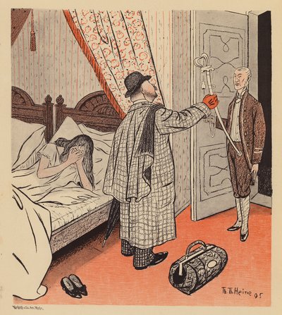 Karısının bir askerle ilişkisi olduğunu keşfeden adam (renkli lito) by Thomas Theodor Heine