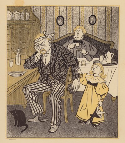 Karnaval gecesinde aşırı yemek yedikten sonra akşamdan kalma bir adam (renkli lito) by Thomas Theodor Heine