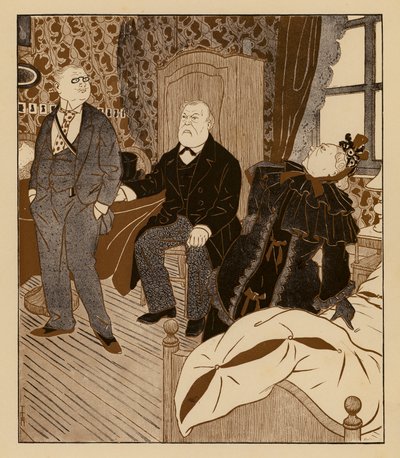Oğullarını öğrenci evlerinde ziyaret eden ve yatağında bir kız saç tokası bulan ebeveynler (renkli taş baskı) by Thomas Theodor Heine