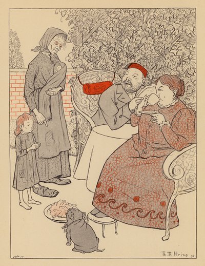 Zavallı kadın çocuğuyla birlikte bir köpeğin yemeğinden arta kalanları yiyip yiyemeyeceğini soruyor (renkli taş baskı) by Thomas Theodor Heine