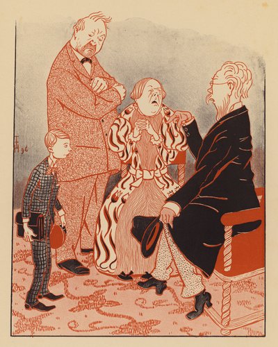 Okul müdürü bir çocuğun ailesine neden okuldan atıldığını açıklarken (renkli taş baskı) by Thomas Theodor Heine