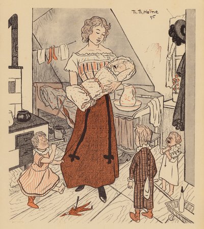 Dört çocuğuyla birlikte bekar anne (renkli lito) by Thomas Theodor Heine